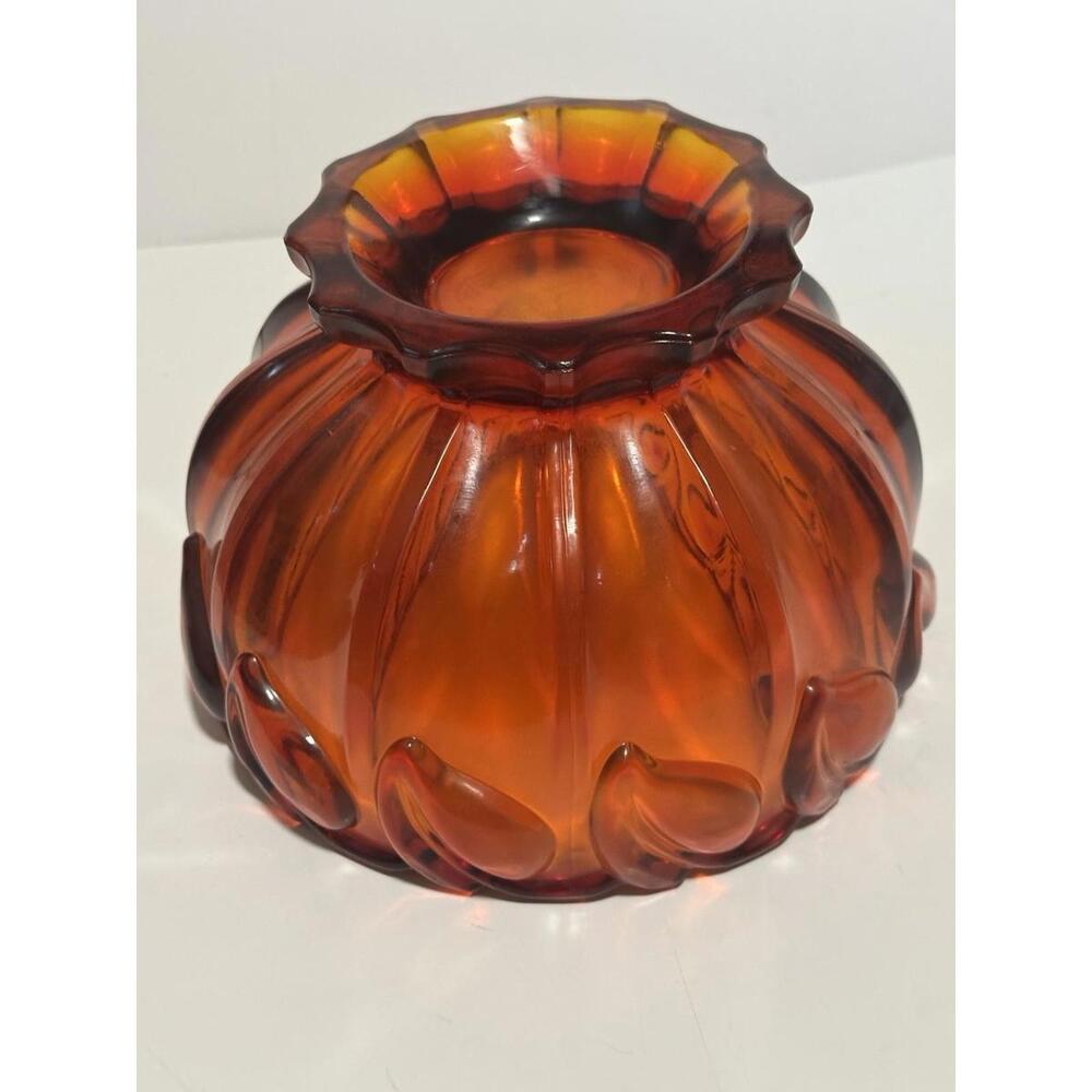 Indiana Tiara Ruby Cadmium Amberina UV Glow Glass Leaf Pattern Heavy Bowl MCM - Picture 6 of 8